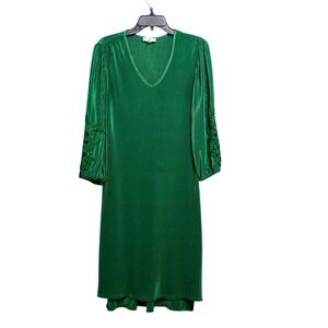 Rio & Rian Green Pleated V-Neck Shift Dress Floral Lace Balloon Sleeve Medium A5